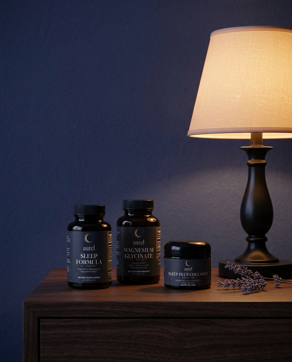 Aurel amber glass supplement bottle in warm morning light